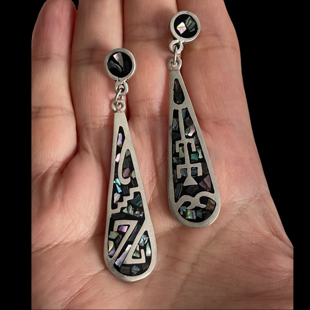 Solid Sterling Silver Abalone Shell Inlay Drop Ea… - image 2